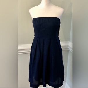 J. Crew Blue Strapless A-line Seersucker Navy Dress with Hidden Pockets